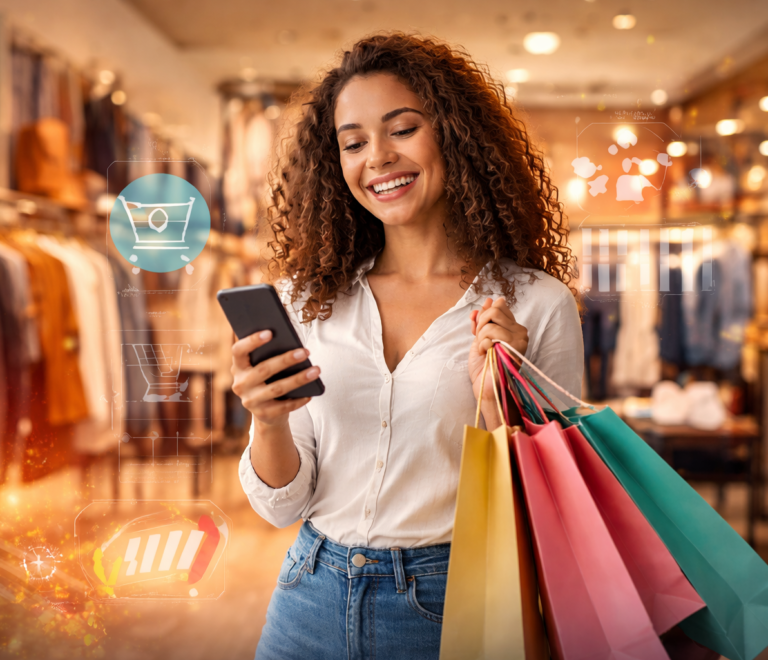 mulher segurando sacolas de compras coloridas enquanto olha para o celular sorrindo